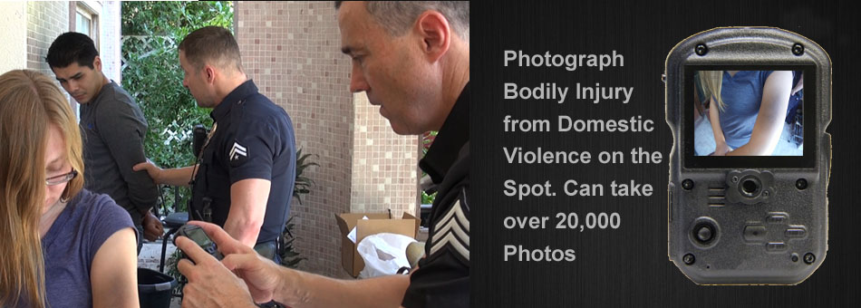 Police taking domestic violence photo evidence with body camera.