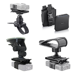 Body Camera accessories.Bicycle mount, windshield mount, visor mount, and battery pack.