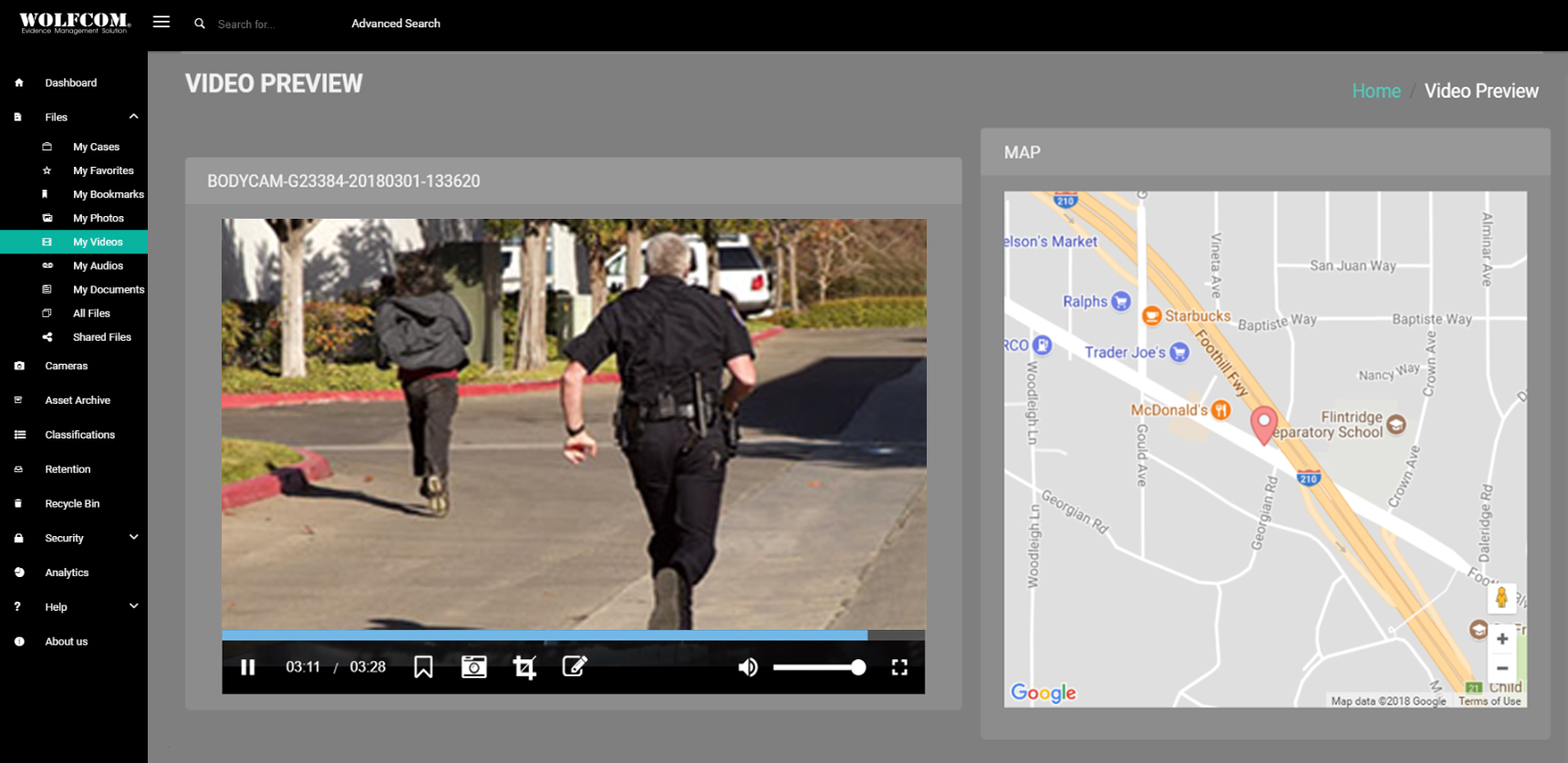 wolfcom cloud evidence management system video playback with GPS geotagging